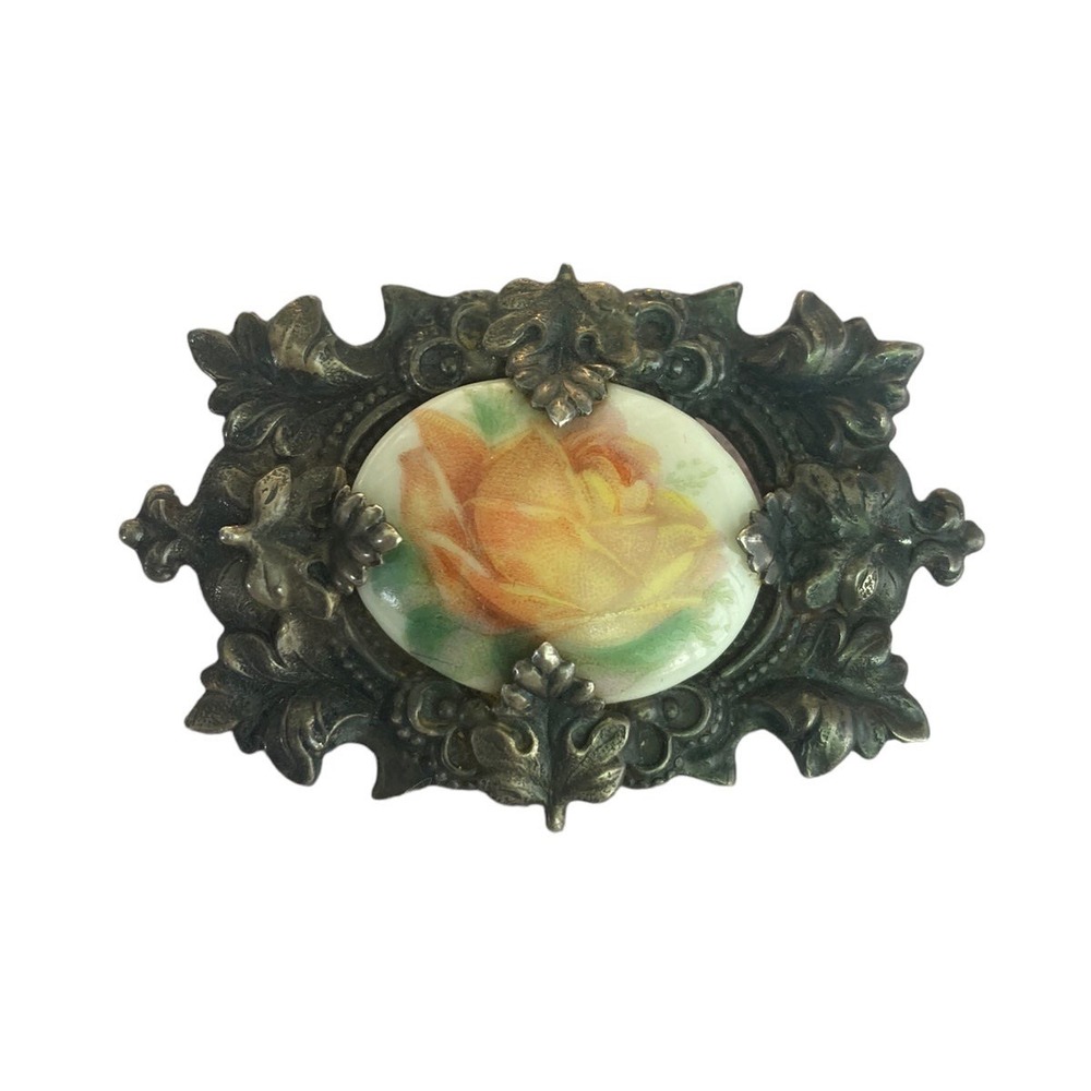 Antique Sterling Silver Porcelain Victorian Brooch